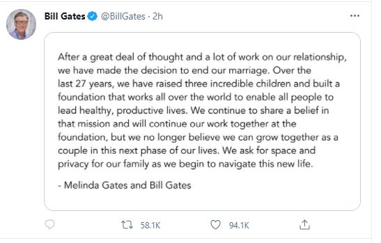 盖茨夫妇离婚令太多人震惊，他们则关闭了推特评论