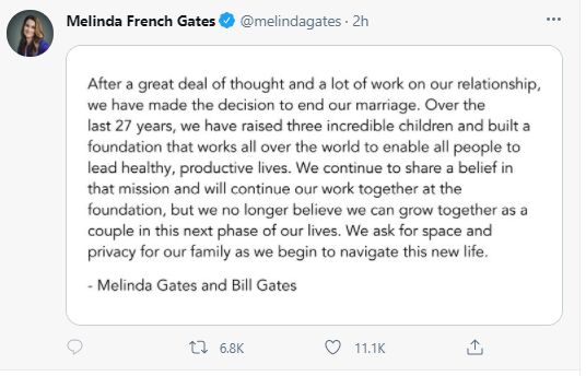 盖茨夫妇离婚令太多人震惊，他们则关闭了推特评论