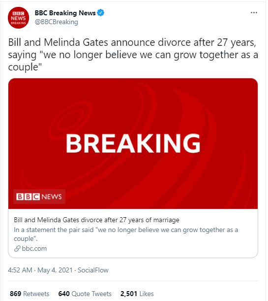 盖茨夫妇离婚令太多人震惊，他们则关闭了推特评论