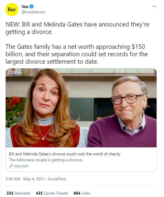 盖茨夫妇离婚令太多人震惊，他们则关闭了推特评论