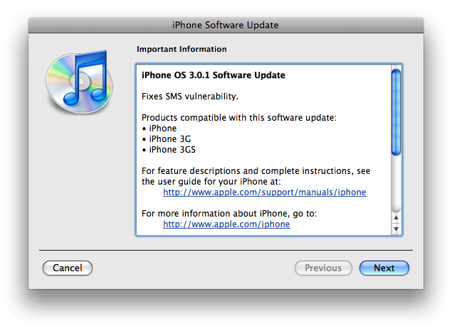 iPhone OS 3.0.1发布 修补短信安全漏洞