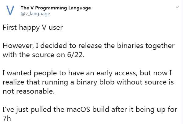 安全的全新编程语言 V 发布首个可用版本