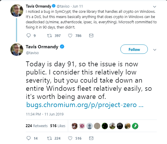 Google 研究员披露 Windows 10 0day 漏洞