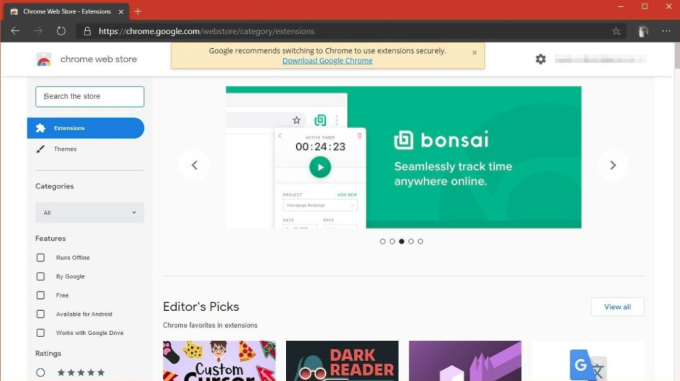 谷歌移除 Edge 访问 Chrome Web Store 时的安全提醒
