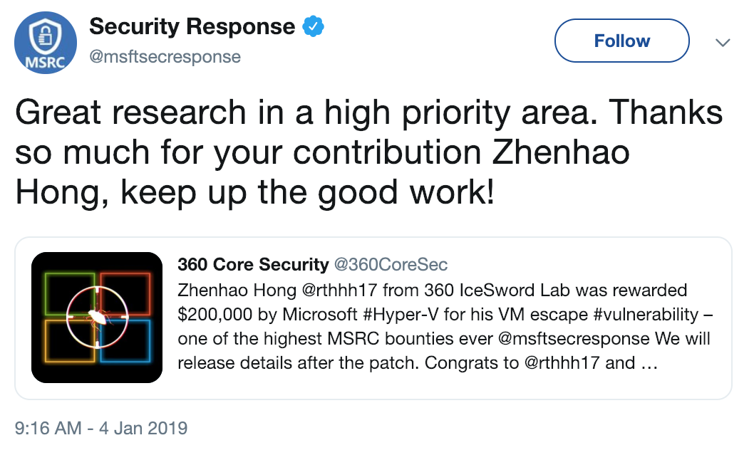 360 冰刃实验室研究员获得微软史上最高漏洞赏金