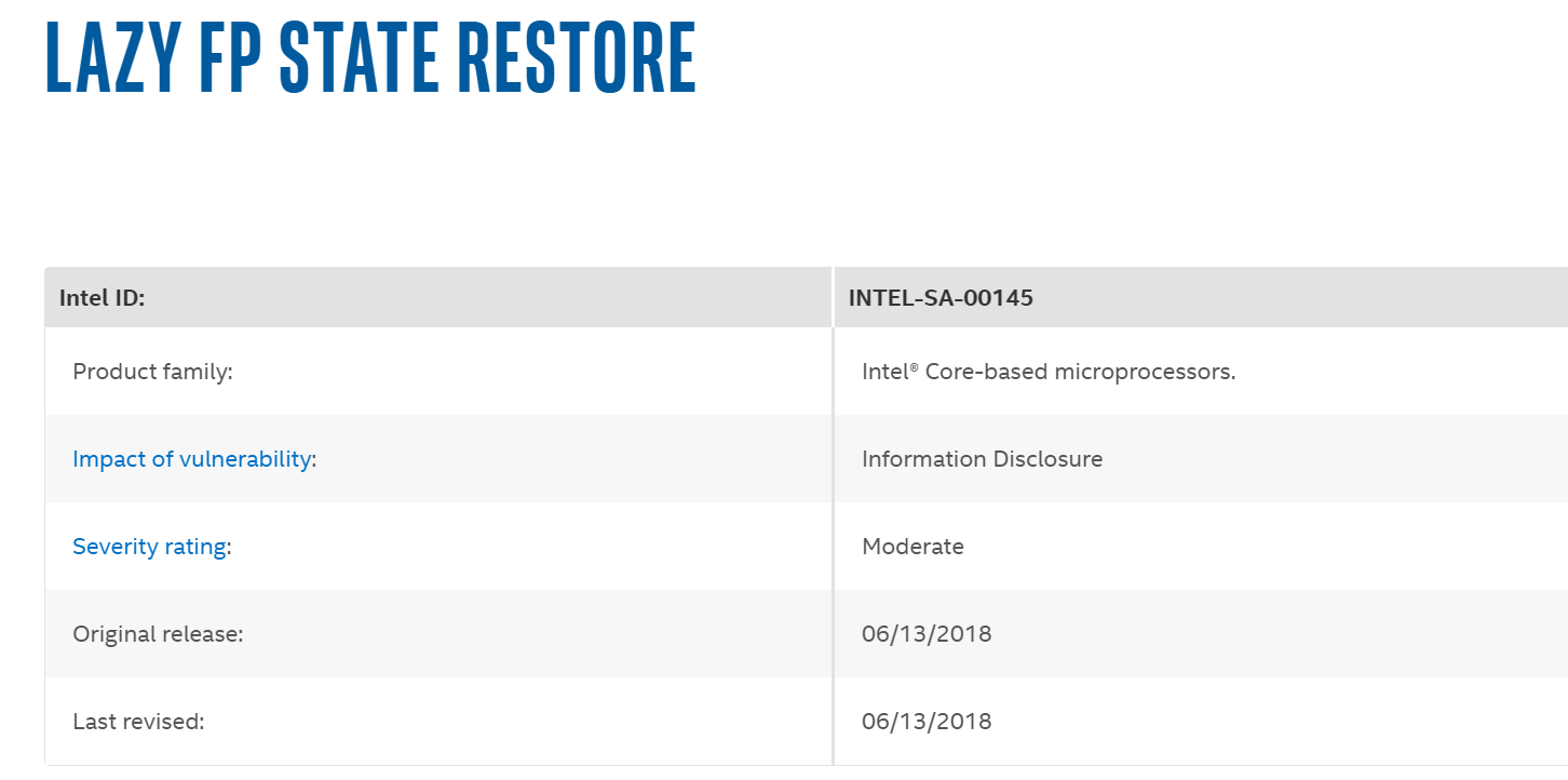 Intel 披露新型 Spectre 漏洞变体：Lazy FP 状态还原