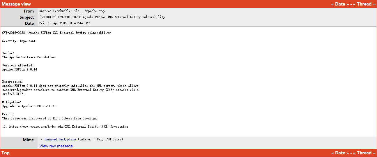 Apache PDFBox 存在高危 XXE 漏洞，建议升级至 2.0.15