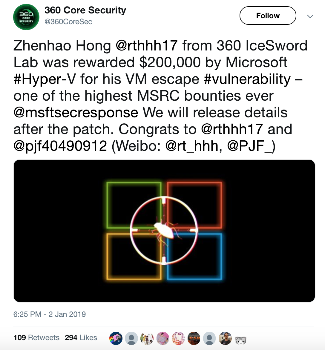360 冰刃实验室研究员获得微软史上最高漏洞赏金