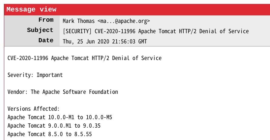 Apache Tomcat HTTP/2 DoS 漏洞,影响多个版本