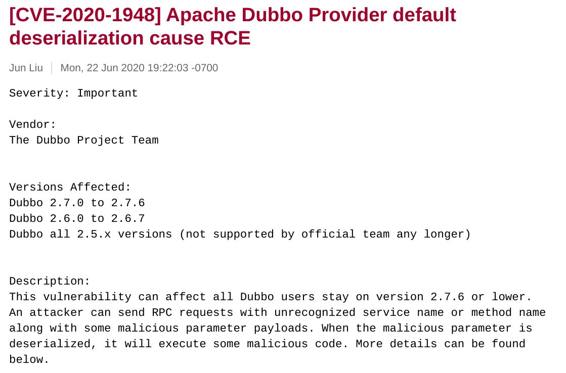 Dubbo 反序列化漏洞,可导致远程代码执行